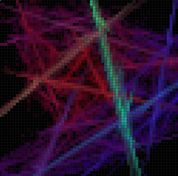 An abstract digital artwork or visualization featuring a dark background with swirling, fragmented clusters of red, purple, and teal rectangular pixels.