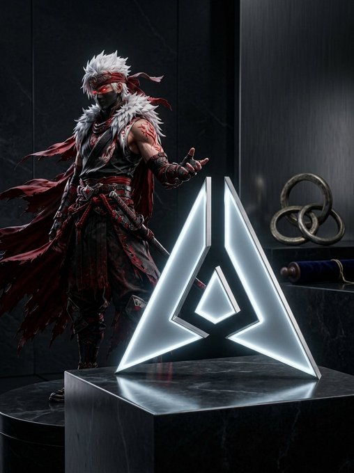 A dramatic promotional image showing a white-haired warrior character with a red headband standing next to a glowing white triangular symbol on a pedestal.