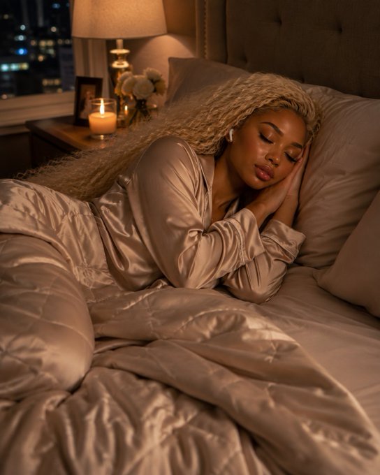 A woman with long blonde curly hair sleeping peacefully in a luxurious bed with beige/satin bedding, with a lamp and flowers on the nightstand beside her.