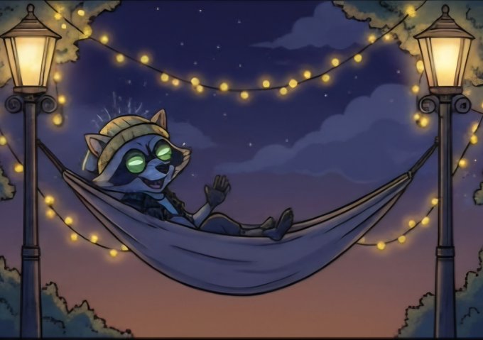 A cartoon illustration of a raccoon wearing a yellow beanie, relaxing in a hammock strung between two lampposts under string lights at night.