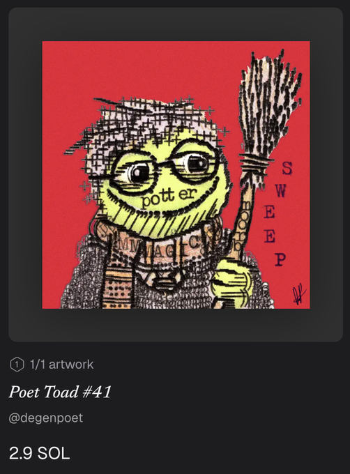 A digital artwork titled 'Poet Toad #41' by @degenpoet showing a green toad-like character holding a broom, priced at 2.9 SOL.