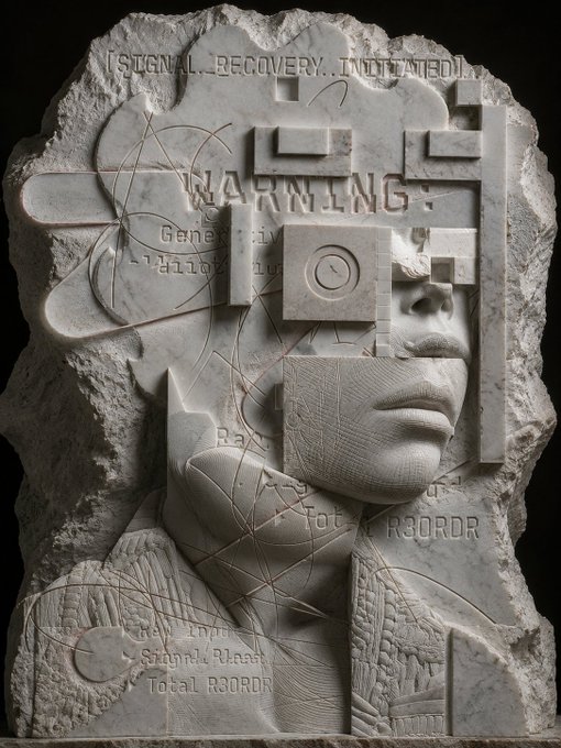 A marble bust with technical text including 'WARNING:', 'SIGNAL RECOVERY INITIATED', and 'Total R30RDR' carved into the stone alongside geometric and floral engravings.