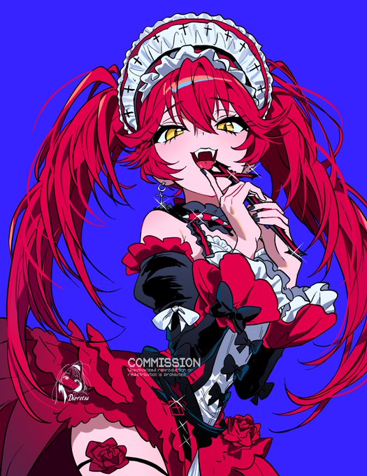 A vibrant anime-style illustration features a red-haired character in gothic lolita attire, playfully biting the tip of a rose stem against a bold blue background. The watermark reads "COMMISSION Doreta" along with a note stating the artwork is not for free use or profit, aligning with the "cm" (commission) label of the post.