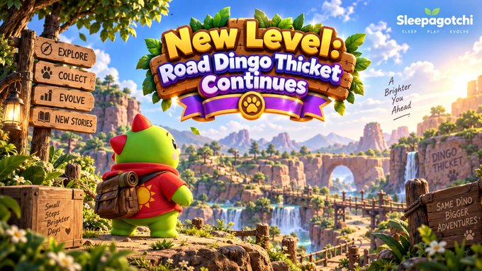 A promotional banner for "Sleepagotchi" announcing a "New Level: Road Dingo Thicket Continues" with a cute green dinosaur character in a red hooded outfit holding a backpack, set against a fantasy landscape with waterfalls and bridges. The image includes menu options like "EXPLORE," "COLLECT," "EVOLVE," and "NEW STORIES."