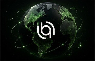 Globe graphic with glowing network connections and a central 'bg' logo overlay, appearing to represent a global brand identity.