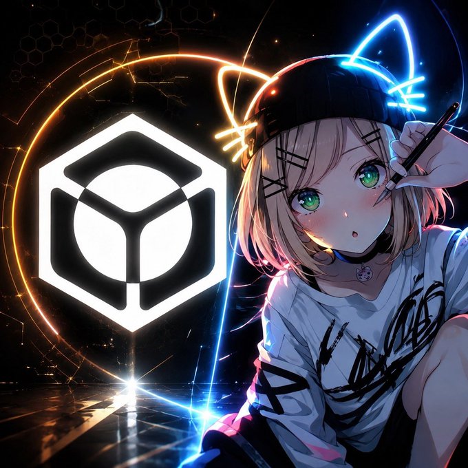 An anime-style illustration of a girl with cat ear headphones holding a pen, alongside a glowing hexagonal logo with neon orange and blue accents.