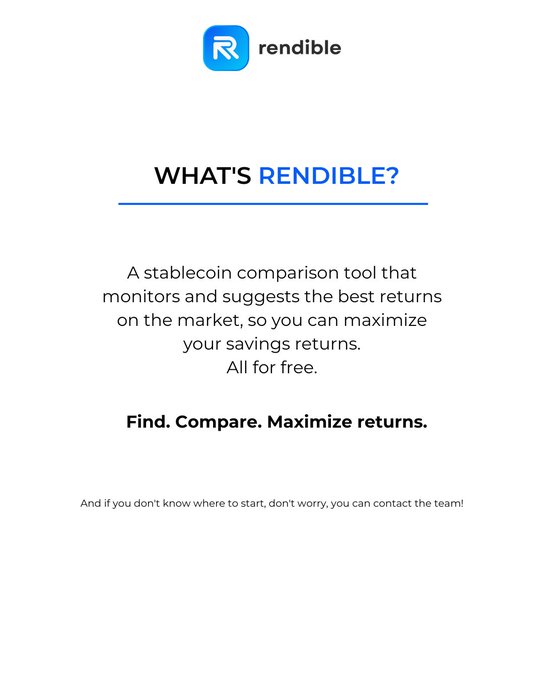 A promotional graphic for 'Rendible' describing it as 'A stablecoin comparison tool that monitors and suggests the best returns on the market, so you can maximize your savings returns. All for free.'