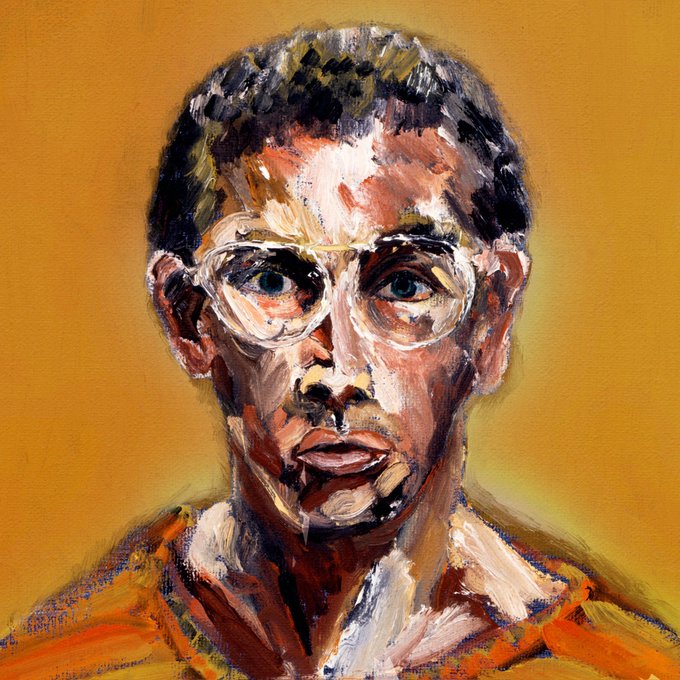 A vibrant, expressionist oil painting portrait of a man with short dark hair and round wire-rimmed glasses against a warm ochre background.