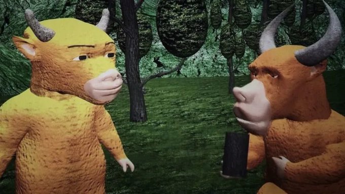 A 3D-rendered scene of two anthropomorphic bull-like creatures with horns facing each other in a forest setting.