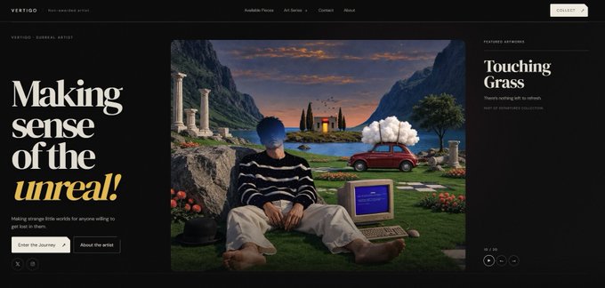 A promotional screenshot of the "VERTIGO" website launch, featuring the bold tagline "Making sense of the unreal!" alongside a surreal artwork of a person with a blue cloud-like head sitting on grass with a vintage computer. The header notes the artist's "GUERILLA ARTIST" status, and the post announces the artist's new portfolio site at 0xvertigo.com showcasing their on-chain art collections.