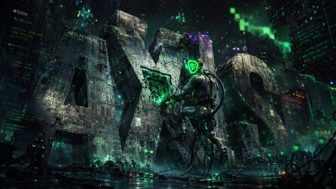 The image features a large robot with green eyes that appears to be controlling a cityscape using its arms. The robot's arms are extended outwards, giving the impression of movement or action within the scene. In the background, there are buildings and other structures, suggesting an urban environment. The caption reads "This is a pretty important update from @axisrobotics. The team has now validated its robotics data pipeline through actual model training, not just by saying the data looks good."