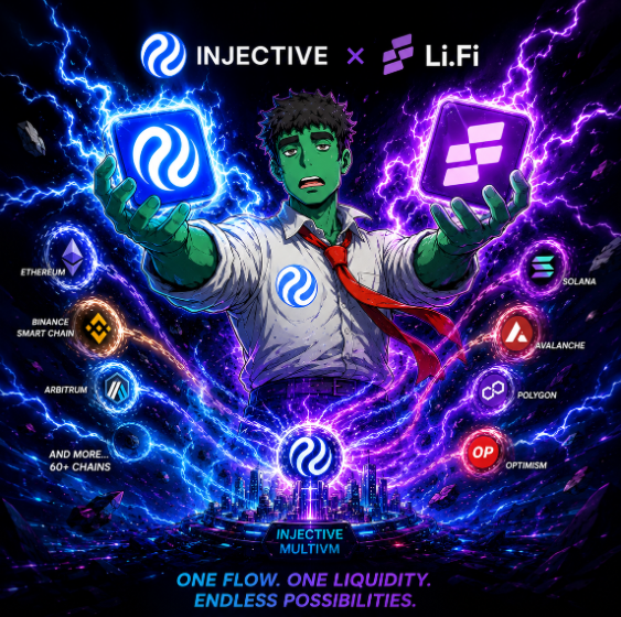A vibrant promotional graphic featuring a Hulk-like character holding glowing cubes for Injective and Li.Fi, surrounded by logos for Ethereum, Solana, Avalanche, Polygon, Optimism, Arbitrum, Binance Smart Chain, and "60+ chains," with the tagline "ONE FLOW. ONE LIQUIDITY. ENDLESS POSSIBILITIES."