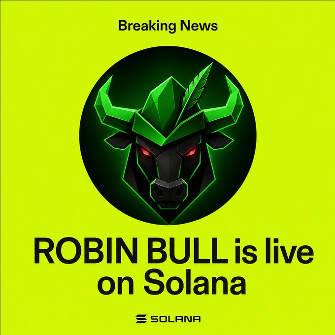 A bright neon green promotional graphic announces "Breaking News" that "ROBIN BULL is live on Solana," featuring a fierce green and black robotic bull logo with glowing red eyes above the Solana branding. The image serves as a visual announcement for the accompanying post's airdrop campaign, directing users to send SOL to the provided wallet address in exchange for $RBULL tokens.