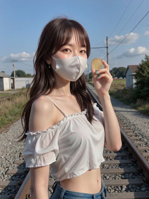 A young woman wearing a white face mask and white off-shoulder crop top holding up a coin, standing on railroad tracks in what appears to be a rural area.