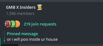 A Discord server called "GMB X Insiders" is shown with 1,396 members, 219 pending join requests, and a pinned message reading "or i will poo inside ur house," illustrating the high demand to join the group referenced in the post.