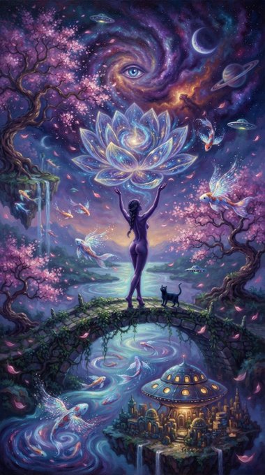 A vibrant, fantastical illustration features a figure holding up a glowing lotus flower under a cosmic sky with an eye motif, surrounded by flying fish, fairies, pink blossoming trees, and a futuristic city with a UFO below.