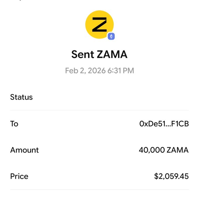 A cryptocurrency transaction record showing 'Sent ZAMA' on Feb 2, 2026, sending 40,000 ZAMA valued at $2,059.45 to address 0xDe51...F1CB.