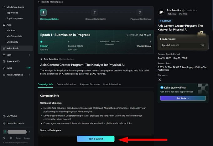 A screenshot of the Kaito Studio platform showing the Axis Content Creator Program for Physical AI, with a red arrow pointing to the 'Join & Submit' button.