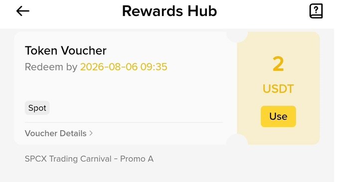 A Rewards Hub screenshot showing a Token Voucher redeemable for 2 USDT on Spot from SPCX Trading Carnival - Promo A, with a Use button.