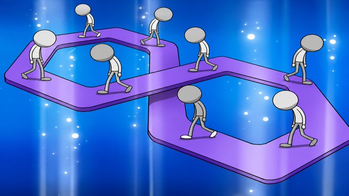 An illustration of stylized white 3D figures walking in a continuous loop on a purple infinity-shaped track against a blue glowing background, symbolizing an endless cycle.