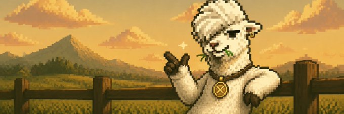 A pixel art alpaca with a stylish white pompadour and gold medallion gestures confidently in a golden-hour pastoral landscape, symbolizing the sleek, standout nature of the $HANSOME token. The alpaca's poised, forward-looking pose reinforces the post's message of getting in early before the herd arrives.
