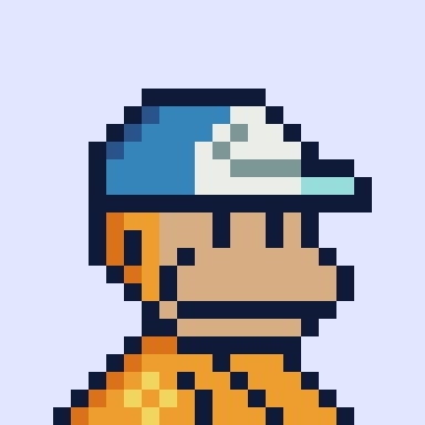 A pixel art avatar of a character wearing a blue and white cap with a peach-toned face and an orange shirt, fitting the playful, blocky aesthetic typical of Solana-based NFT profiles like MonkeDAO and SolanaMBS. The simple, retro-style portrait complements the casual, community-driven vibe of the crypto collectibles mentioned in the post.