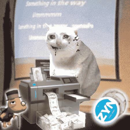 A meme featuring a white cat with a concerned expression behind a money-printing machine, overlaid on a meme slide from 'The Hated' presenting 'Smoking is the way' with the Zyn logo in the corner.
