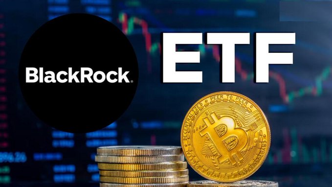 A promotional graphic showing the BlackRock logo next to large 'ETF' text, with a Bitcoin coin and stacked gold coins in the foreground against a stock market chart background.
