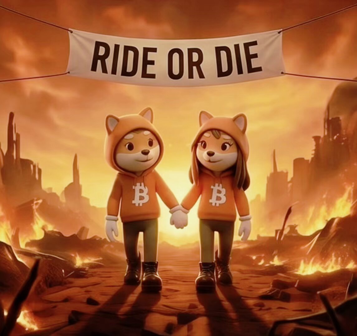 The image features two cartoon dogs dressed in orange hoodies, standing next to each other with their arms around each other's necks. They are wearing white gloves that say "bitcoin" on them. The background of the image shows a desert landscape with burning buildings, suggesting an intense and dramatic setting for the post. The caption at the bottom reads: "$DOG (Bitcoin) we continue to fight for Runes and Bitcoin".