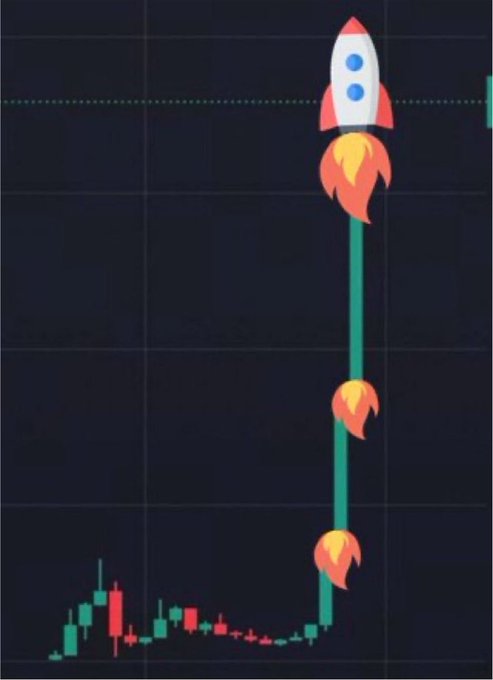 A green candlestick chart shows a sharp upward trend, visually represented by a rocket launching into space with fiery exhaust. This image complements the post's request for a "memecoin runner," signifying a cryptocurrency poised for rapid growth.