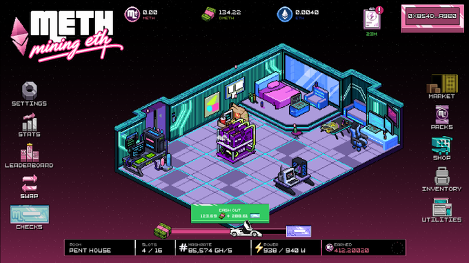 The image is an illustration or screenshot of a video game interface, specifically showcasing a room with various items like a bed and furniture arranged within it. The caption reads "I have been deep in the ponzi trenches" which suggests that the player has been spending their time exploring different rooms and playing the game as part of a larger strategy. A connection to the post can be made where the player is earning around 2000 METH, valued at 140$. This translates to an average gameplay score of approximately 14 points or 13 steps, depending on how points are scored in the game.