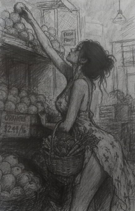 A pencil sketch of a woman in a floral dress reaching up to grab fruit from a market display, with signs reading 'FRESH FRUIT' and 'ORANGES $2.49/lb' visible.