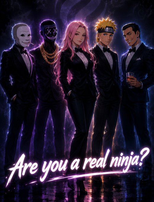 A group of five stylized characters in suits, including one resembling Naruto, stand together under the neon text "Are you a real ninja?" — visually embodying the post's call for Web3 creators to assemble and create content around the weekly $INJ ninja-themed tasks in the Injective Lounge.