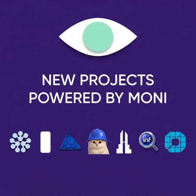 Promotional graphic on a purple background reading 'NEW PROJECTS POWERED BY MONI' with an eye logo and a row of app/brand icons below.