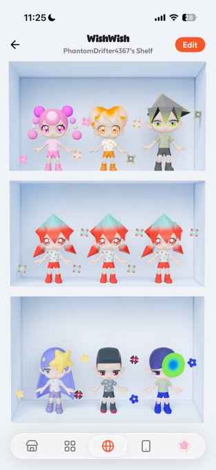 A mobile app screenshot of 'WishWish' showing 'PhantomDritter4367's Shelf' with three rows of displayed Splatoon character Inkling figures.