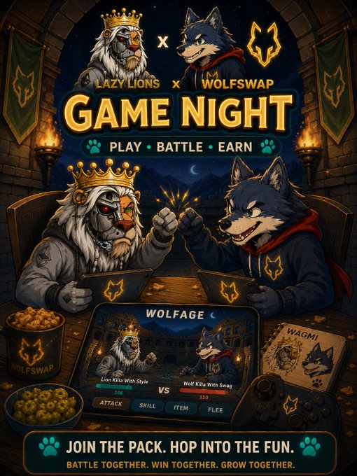 A promotional graphic for 'Lazy Lions x WolfSwap Game Night' featuring cartoon lion and wolf characters with the tagline 'PLAY • BATTLE • EARN' and 'JOIN THE PACK. HOP INTO THE FUN. BATTLE TOGETHER. WIN TOGETHER. GROW TOGETHER.'