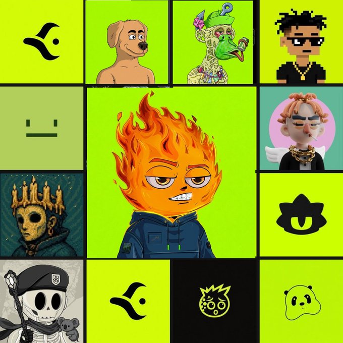 A collage of various NFT-style digital art characters and logos arranged on a bright green grid background.