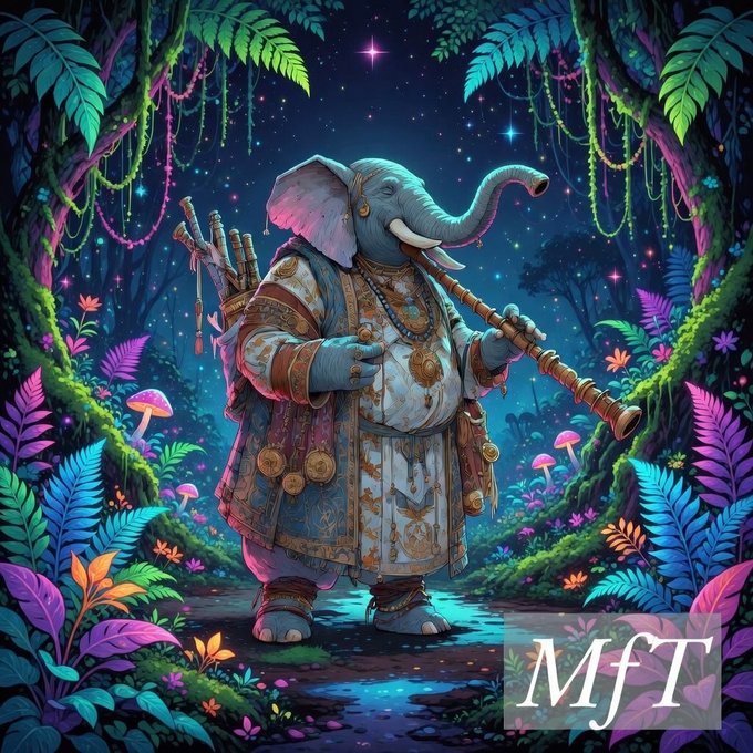 A colorful digital artwork of an anthropomorphic elephant dressed in ornate clothing, playing a flute in a glowing, neon-lit jungle, with an 'MFT' watermark.