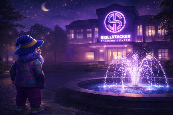 The image features a small cartoon character wearing a wizard's hat standing next to a fountain with purple water jets. The character appears to be looking at a building, which has a sign that says "SKILLSTARTER Training Center". The background of the image is dark and filled with stars, creating an atmosphere reminiscent of a night scene. The post seems to be promoting a training center or a similar facility for wizards, as indicated by the name "SKILLSTARTER Training Center" on the building's sign.