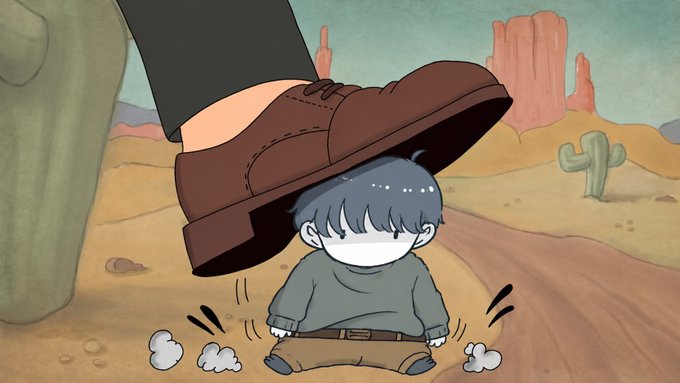 A cartoon illustration of a small child sitting on the desert ground with a giant brown shoe about to step on their head, set in a desert landscape with cacti.