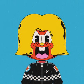 This is a stylized cartoon portrait of a character with bright yellow hair and big eyes, wearing a black jacket with checkered details. The accompanying post likely refers to this character as part of the "Wackyville" NFT collection.