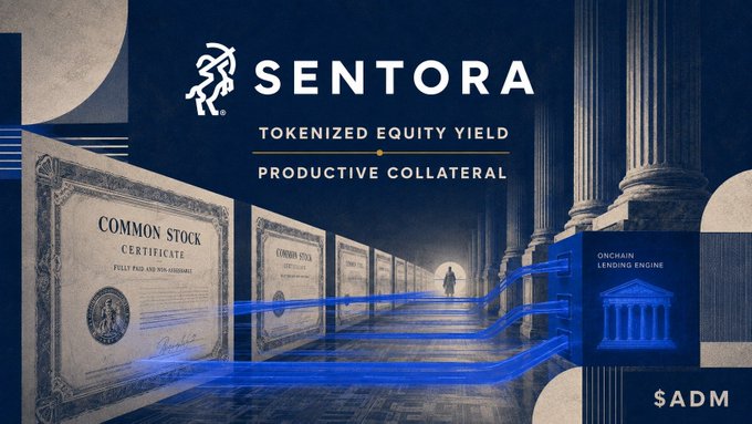 A promotional graphic for 'SENTORA' featuring 'TOKENIZED EQUITY YIELD' and 'PRODUCTIVE COLLATERAL' with imagery of stock certificates and a digital onchain lending engine, tagged with '$ADM'.