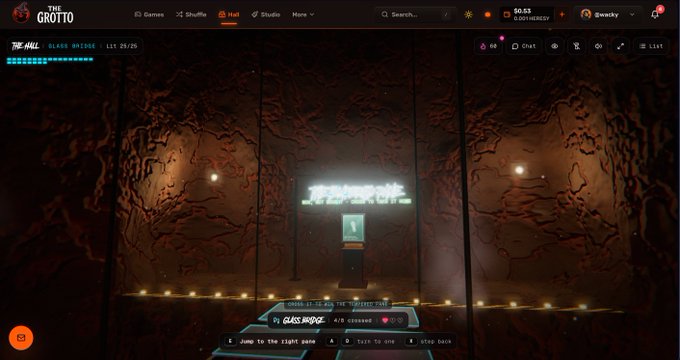 A screenshot from The Grotto social media platform shows a dark cave-themed virtual room with neon signage and cave wall textures, featuring navigation options like Games, Shuffle, and Hut, plus a chat interface.