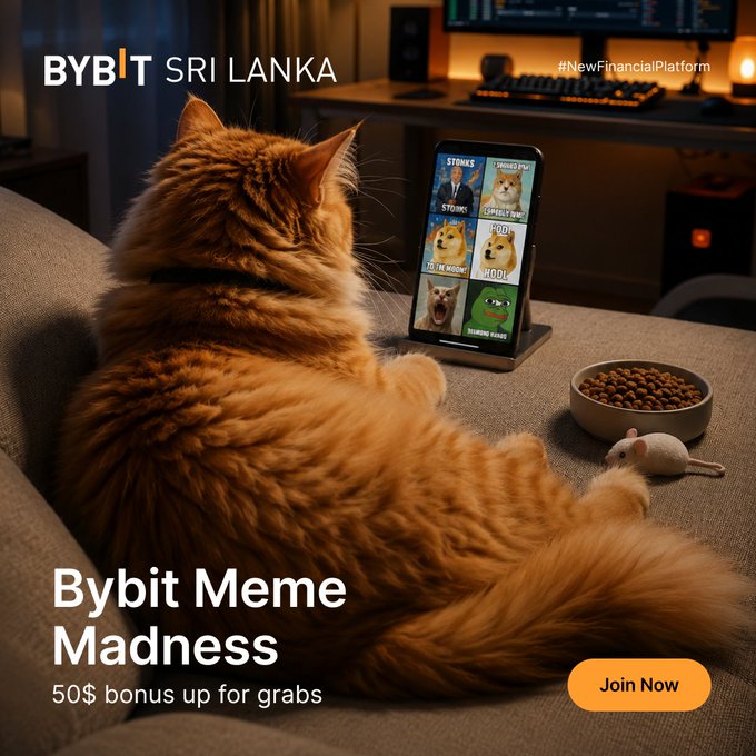 An advertisement shows a ginger cat watching a smartphone displaying meme characters, with text promoting 'BYBIT SRI LANKA' and 'Bybit Meme Madness' with a '50$ bonus up for grabs' and a 'Join Now' button.