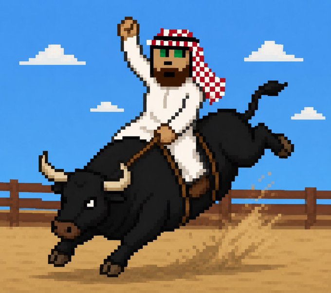 A pixel art illustration of a man wearing traditional Arab attire (white thobe and red-checkered keffiyeh) with green sunglasses, riding a bucking black bull in a dusty arena.