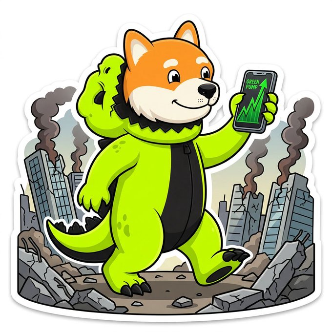 A cartoon shiba inu dog wearing a green Godzilla-style monster suit stands triumphantly amid a destroyed cityscape, flexing one arm while holding up a smartphone displaying a green "GREEN PUMP" chart with an upward-trending arrow—perfectly capturing the bullish $DOGEZILL pump energy referenced in the post.