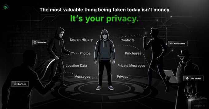 An illustration warning 'The most valuable thing being taken today isn't money, It's your privacy' shows a hooded figure surrounded by shadowy characters representing 'Websites,' 'Big Tech,' 'Advertisers,' and 'Data Broker' collecting personal data like 'Search History,' 'Contacts,' 'Photos,' 'Purchases,' 'Location Data,' 'Private Messages,' 'Messages,' and 'Privacy.'