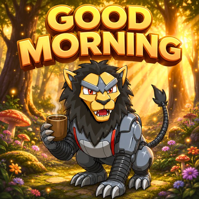 A cartoon-style illustration of a lion warrior in armor holding a steaming mug, with "GOOD MORNING" text displayed in large gold letters in a sunlit forest setting.