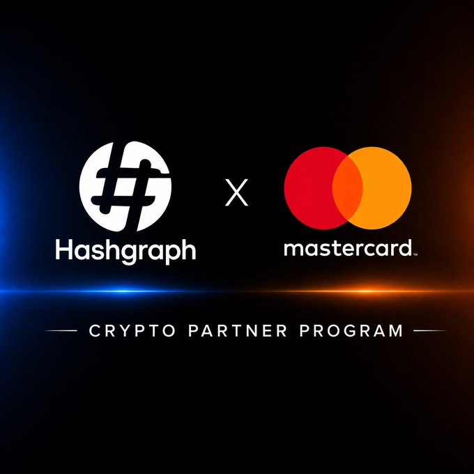 Promotional graphic announcing a partnership between 'Hashgraph' and 'Mastercard' under the title 'CRYPTO PARTNER PROGRAM' on a dark background with blue and orange lighting accents.