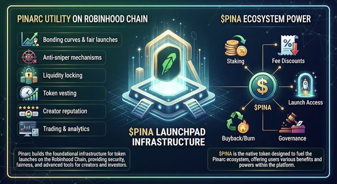 An infographic detailing 'PINARC UTILITY ON ROBINHOOD CHAIN' and '$PINA LAUNCHPAD INFRASTRUCTURE' along with '$PINA ECOSYSTEM POWER' benefits like staking and fee discounts.